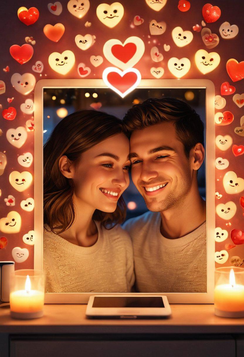A cozy scene depicting a couple smiling at each other through a screen, surrounded by elements like heart emojis and digital love letters. Soft candlelight glows in the background, creating an intimate atmosphere. Include vibrant colors to evoke warmth and affection, with symbols of online romance such as chat bubbles and virtual gifts. super-realistic. warm tones.