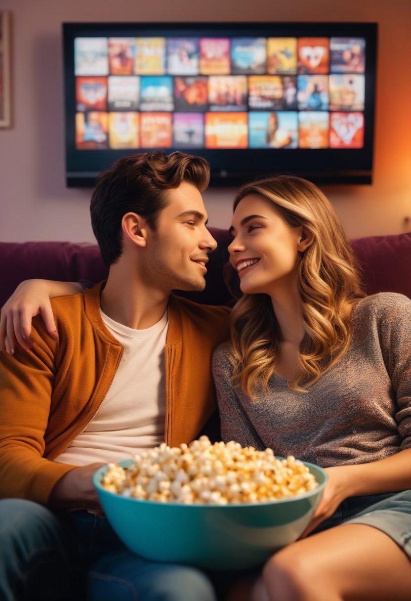 A cozy couple sitting on a couch, surrounded by a vibrant array of love-themed movie posters and streaming device icons, with a glowing heart shape in the background. A bowl of popcorn in hand, illuminated by the soft light of a screen showing a romantic film, embodying a blend of intimacy and excitement. warm colors, cozy atmosphere, playful elements. super-realistic. vibrant colors.