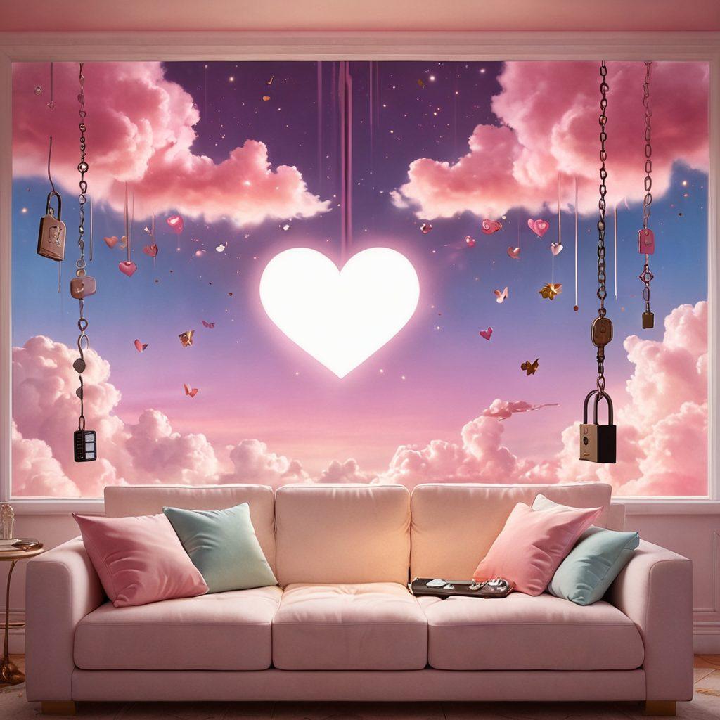 A whimsical illustration of a vintage key unlocking a glowing heart-shaped padlock, surrounded by floating film reels, a shimmering remote control, and soft pink clouds. In the background, silhouettes of couples watching romantic films on a cozy couch with popcorn. The scene should evoke an enchanting, dreamy feel with pastel colors and a touch of sparkle. vibrant colors. dreamy. magical.